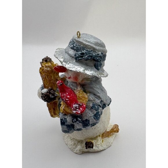 Vintage Snowman Christmas Ornament Holding Red Cardinal Bird Blue Hat & Scarf - Picture 6 of 7